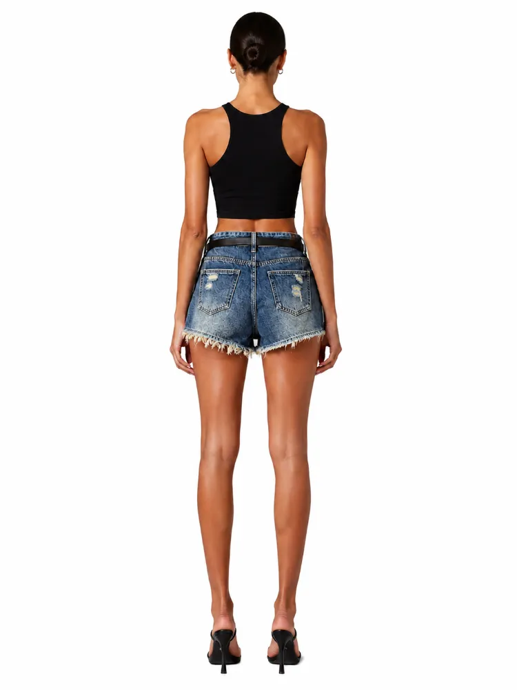 Custom women’s vintage distressed high-waisted denim shorts back view