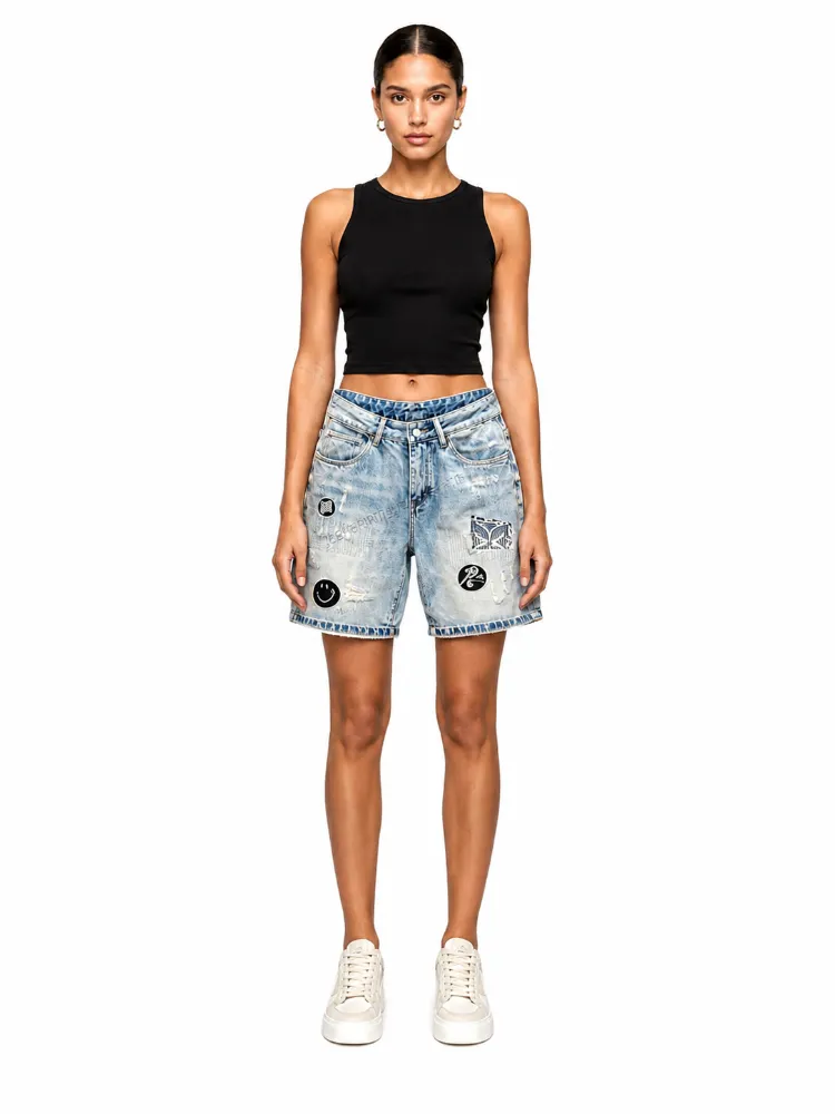 Custom denim shorts manufacturer for women’s distressed graphic denim shorts