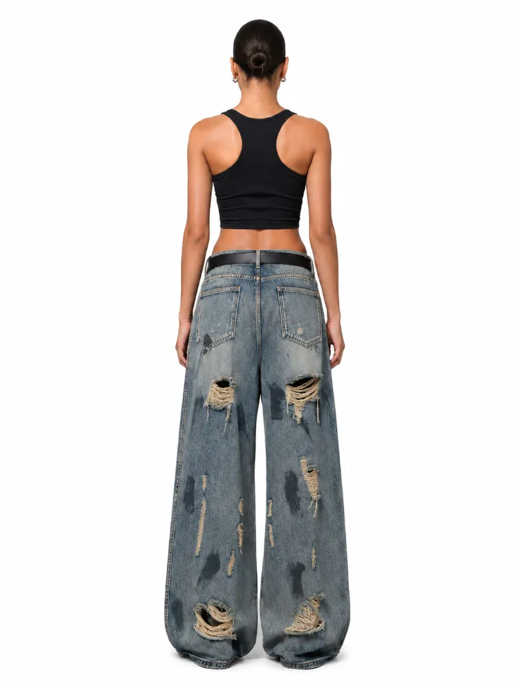 Custom Women’s Heavy Distressed Baggy Wide-Leg Jeans Back View