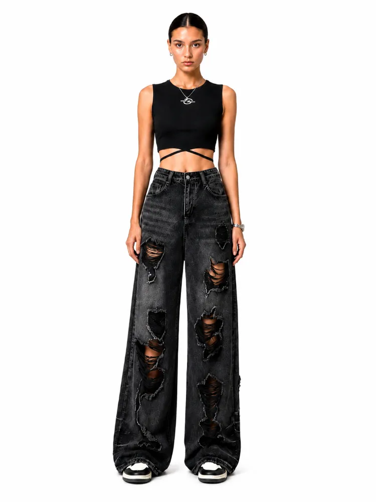 Custom black ripped wide-leg jeans, front view