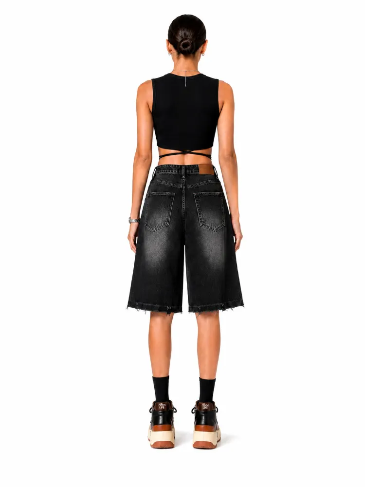 Custom Women’s Black Distressed Knee-Length Denim Shorts Back View