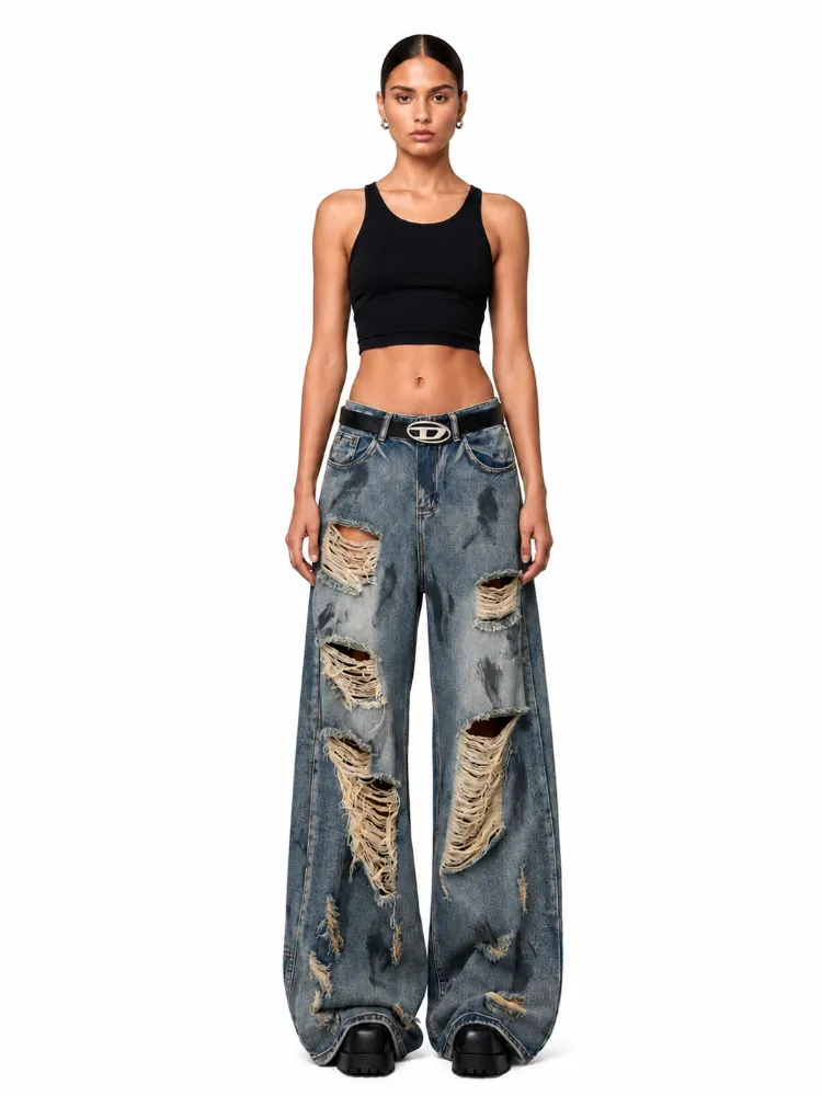 Custom Heavy Distressed Baggy Jeans Front View