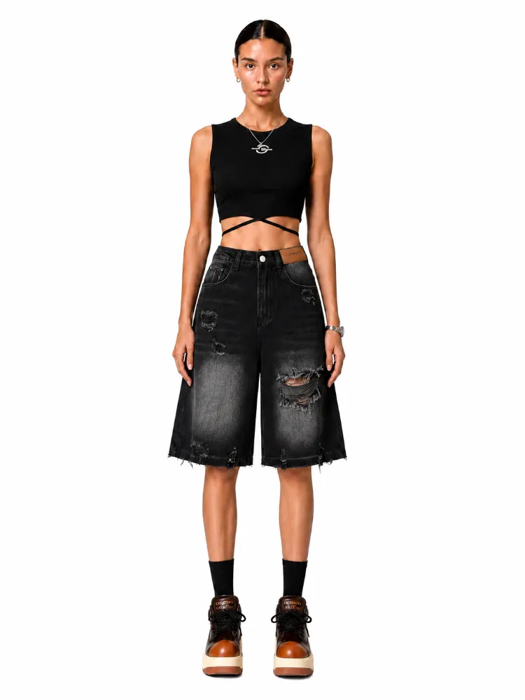 Custom Black Distressed Denim Shorts Front View