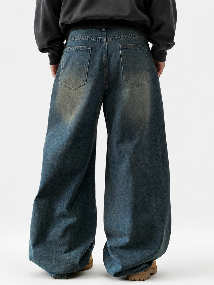 Back view of dark wash wide leg custom denim jeans