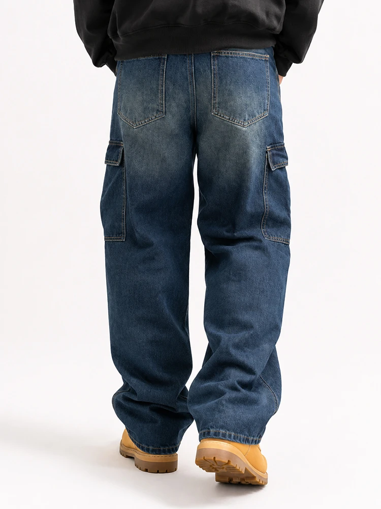 Front view of blue cargo denim jeans with utility pockets