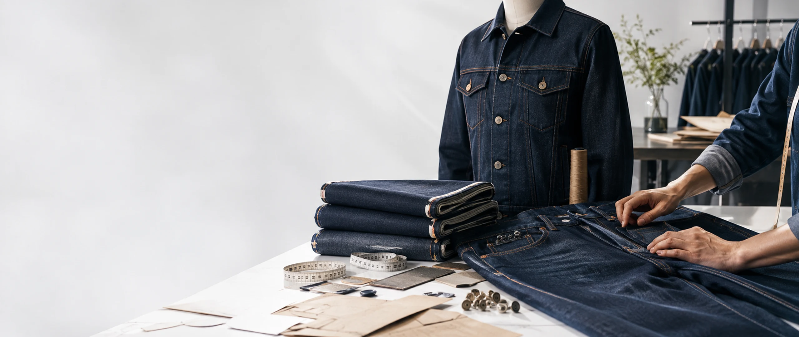 Dark wash denim jacket and jeans manufacturing samples