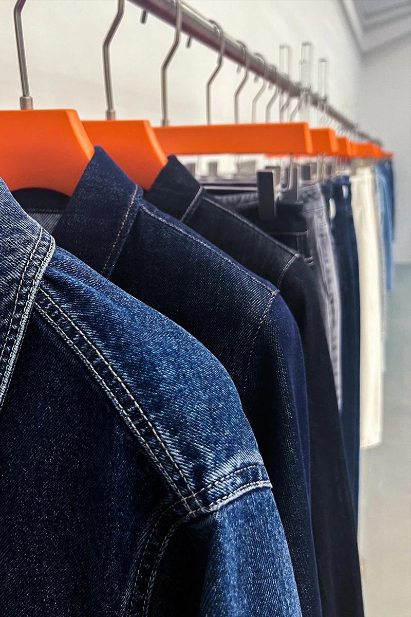 Custom denim wash samples and fabric finishing details