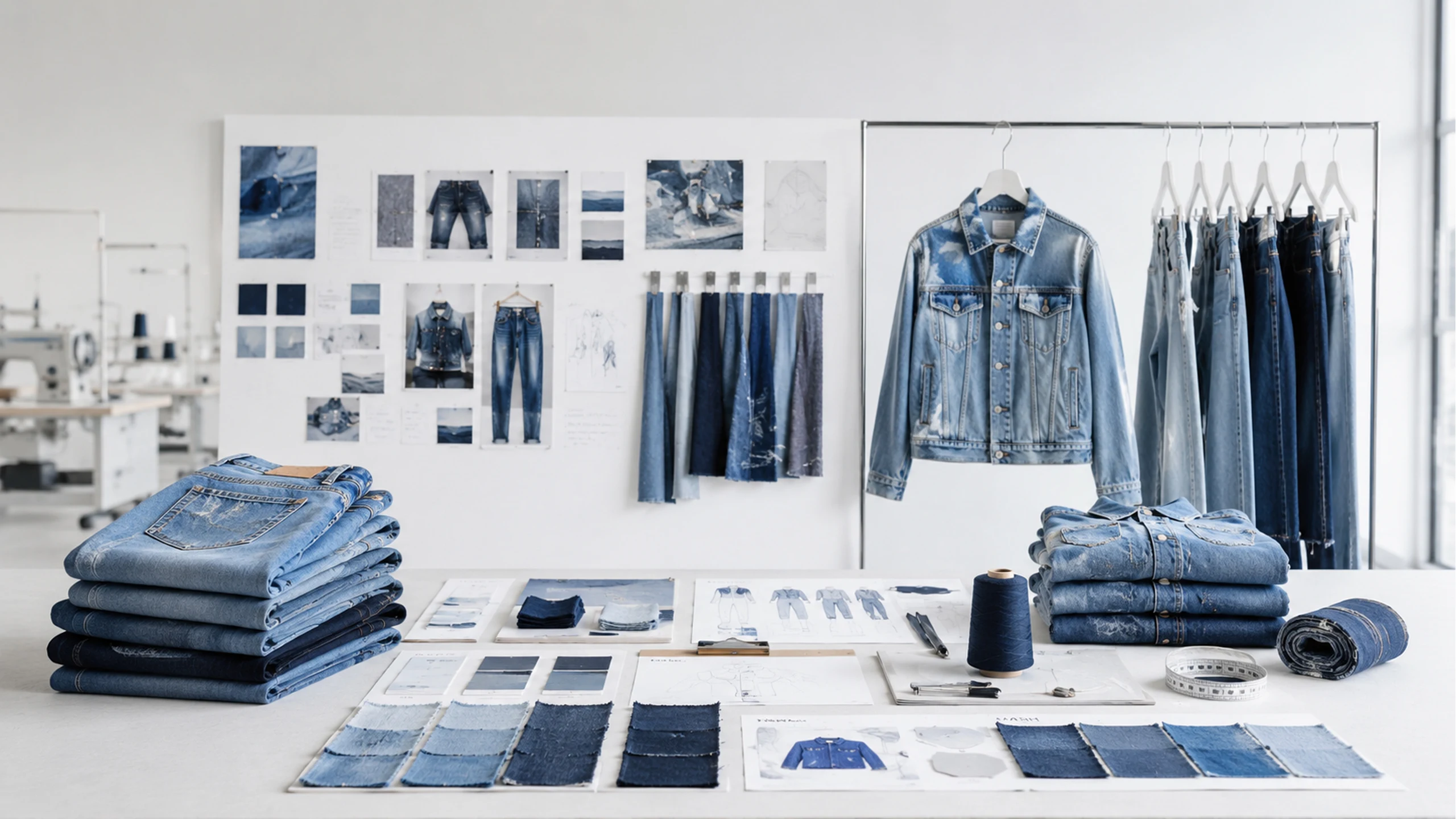 ODM denim development studio with denim samples, jeans, fabrics and custom clothing designs