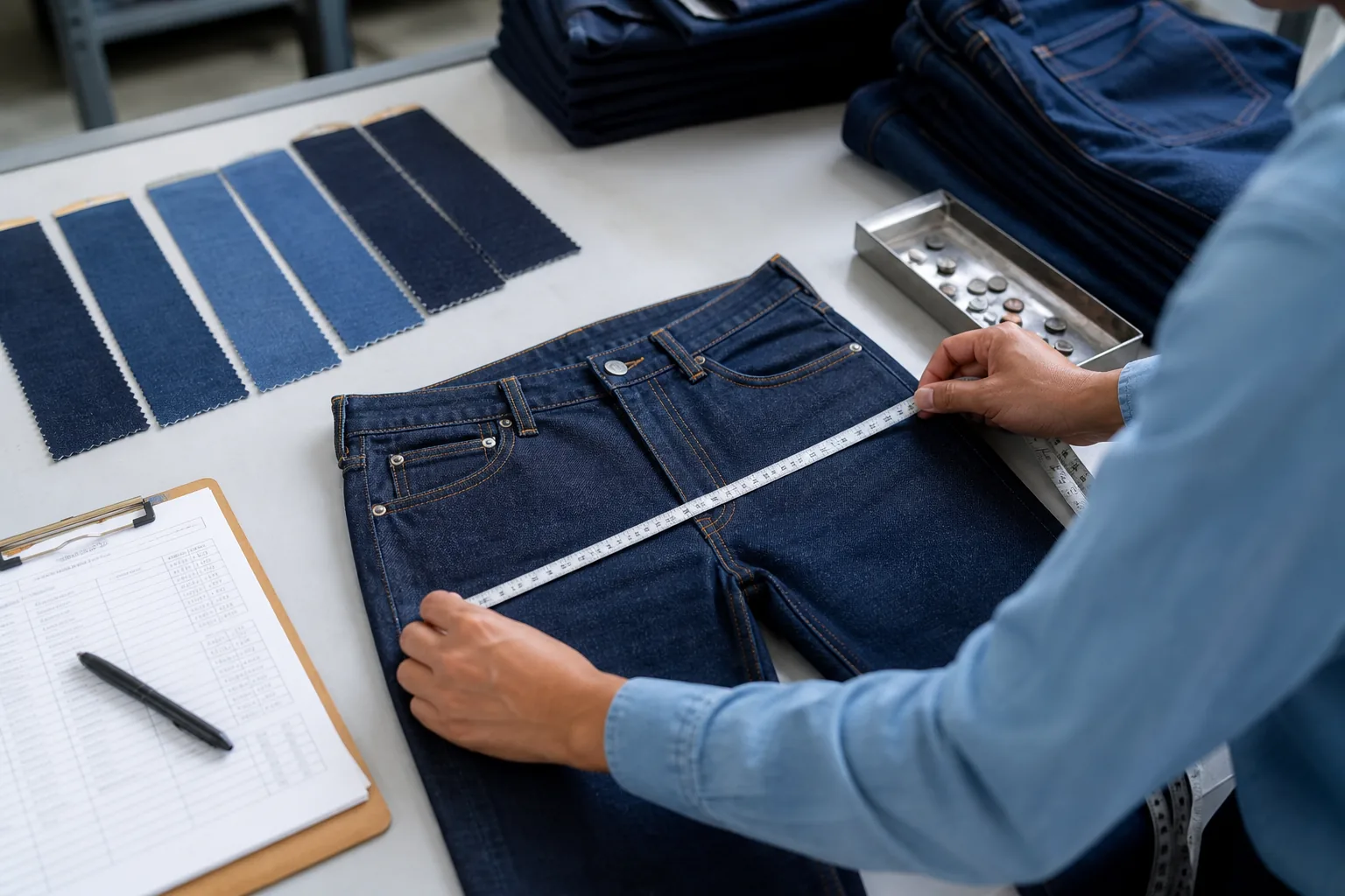 Denim quality inspector checking jeans measurements and indigo wash shade standards