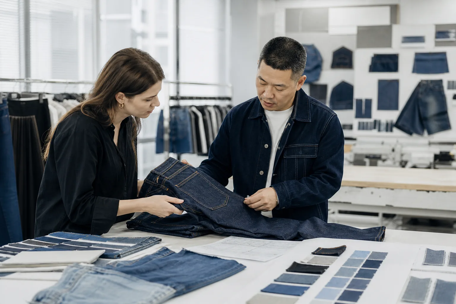 Fashion brand buyer and denim technician reviewing a jeans tech pack and wash samples